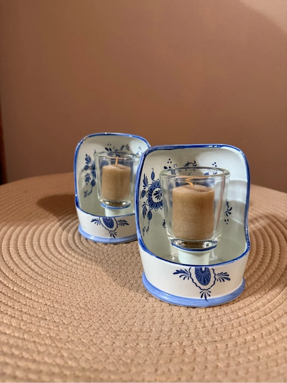Blue & White Ceramic Votive Candle Holders with Floral Motif - Pair